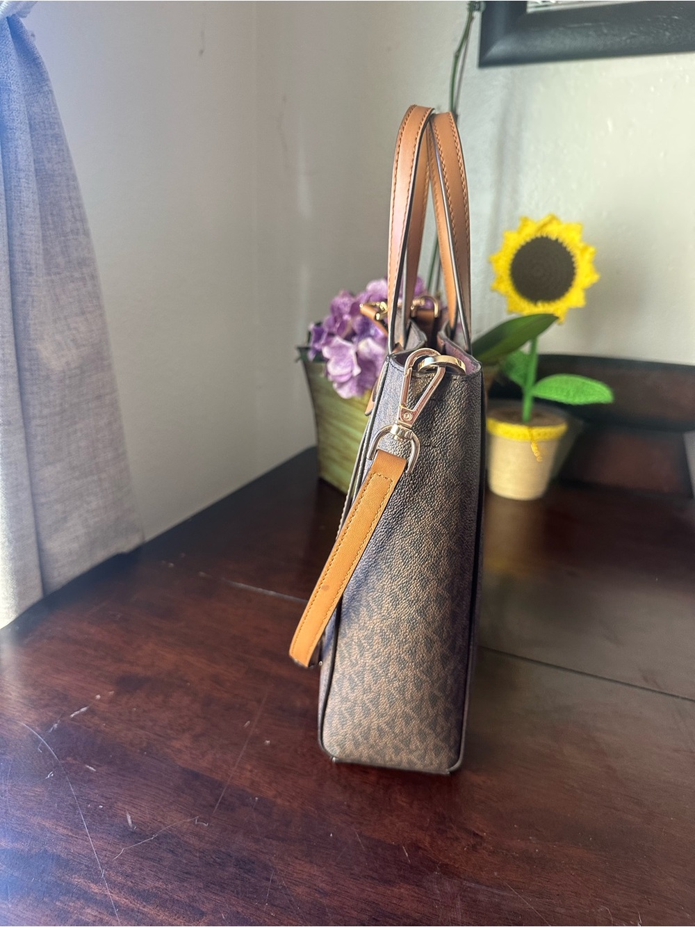 Michael Kors Brown Signature Tote with Tan Leather Trim - Picture 3 of 15